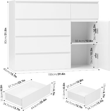 FOREHILL Комод білий з 5 шухлядами та 1 дверцятами, 100x40x80 см. Комод для спальні, вітальні, кабінету, передпокою