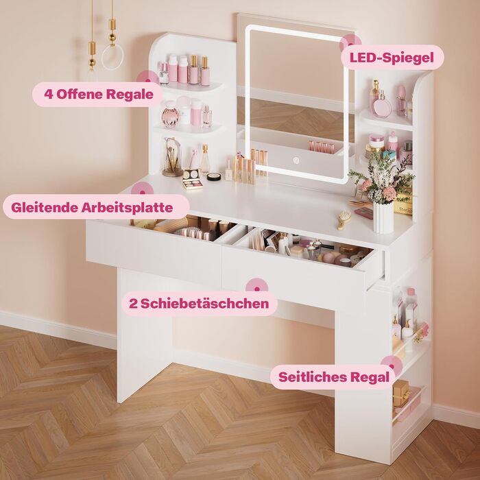 Трюмо Airfish з підсвічуванням 108x40 см: стіл для макіяжу з дзеркалом, 2 шухляди, 3 кольори, регулювання яскравості, для спальні/вітальні (білий)