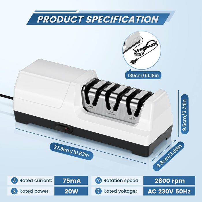 Електричний точило для ножів MusyVocay з алмазним покриттям, професійне 3-ступеневе, кухонне, для грубого шліфування та ремонту