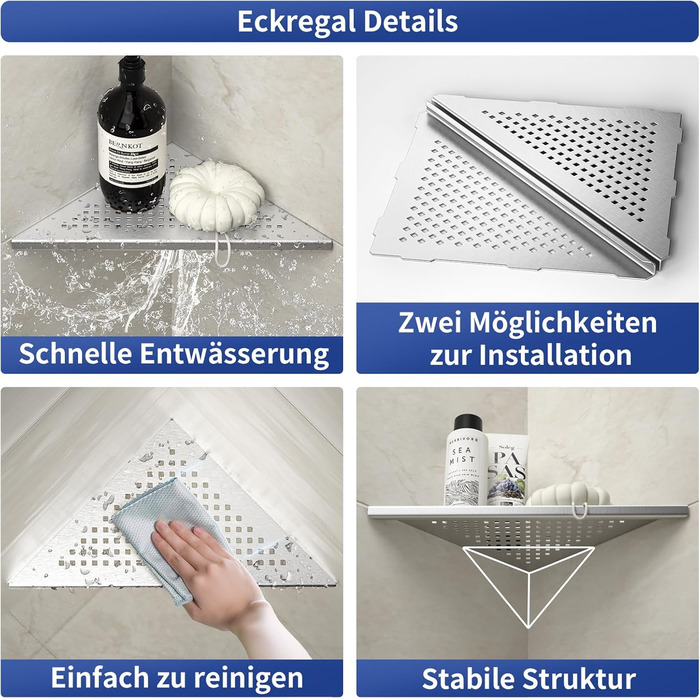 Поличка для душу Eck, нержавіюча сталь 304, 2 шт., для плитки, монтаж в стіну, реновація ванної кімнати