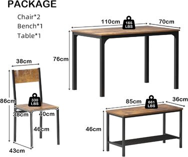 Меблі Sogesfurniture 4 шт. Обідній комплект обідній стіл 110х70см, 2 стільці, лавка, металевий каркас, вінтажний коричневий