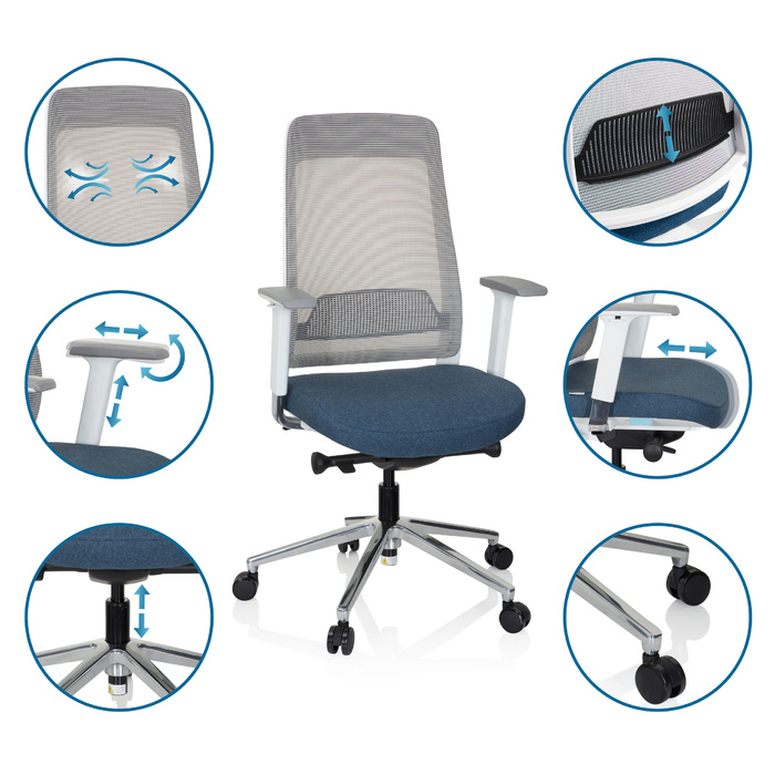 Офісне крісло / поворотне крісло CHIARO T2 WHITE сітка / тканина сіра / синя hjh OFFICE