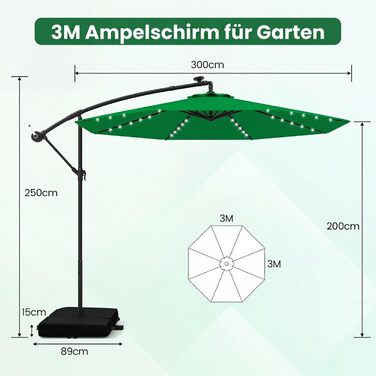 Садова парасолька COSTWAY 300 см з підставкою та LED-підсвіткою, підвісна парасолька-амбрела з ручкою, захист від UV, для тераси, басейну та двору, бежевий/зелений