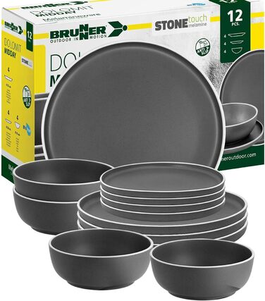 Набір посуду BRUNNER Melamin Camping | 12 предметів - тарілки та миски для 2-4 осіб | DOLOMIT Midday - Стійкий до подряпин, штакельний набір 12 предметів