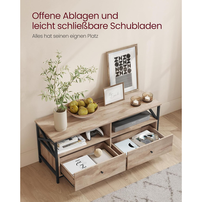 Тумба під ТВ VASAGLE, 120 см, для телевізора до 55 дюймів, 2 шухляди, 2 відкриті полиці, сталевий каркас, вінтажний колір, LTV300B01