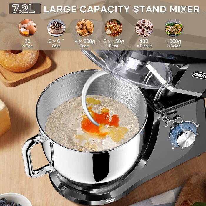 Кухонна машина Cheflee 2000W: потужна планетарна міксер для тіста та збивання, 6 швидкостей, 7.2 л чаша з нержавіючої сталі, гак та вінчик, захист від бризок, чорний