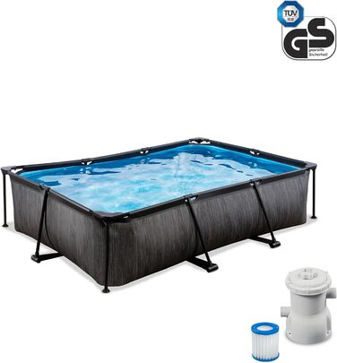 Дерев'яний басейн EXIT Toys - 220x150x65см - Прямокутний компактний каркасний басейн з картриджним фільтруючим насосом - Легкодоступний - Підходить для малюків - Міцна рама - Унікальний дизайн - (300 x 200 x 65 см, чорний)