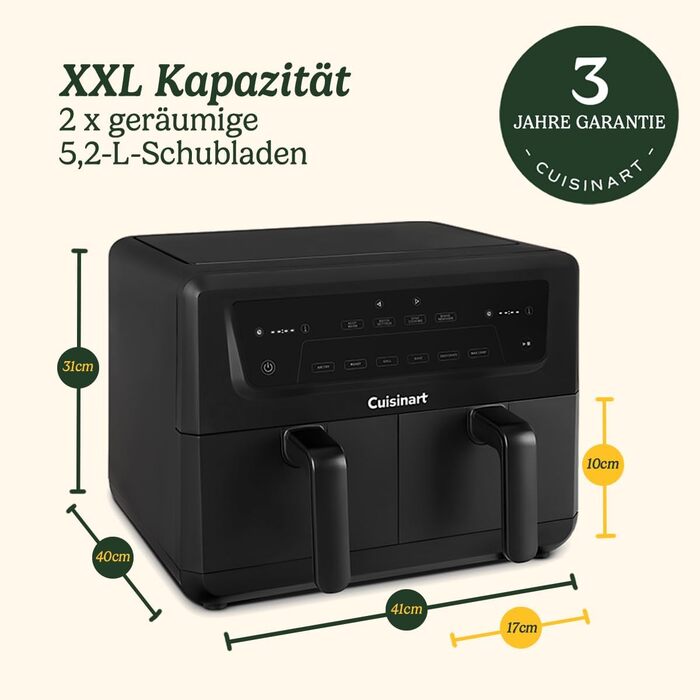 Фритюрниця Cuisinart XXL 10.4L з двома зонами, без PFAS та хімікатів. Брати, смажити, запікати, дегідратувати та підтримувати тепло. 2 камери (2 x 5.2L), 8+ порцій. Деталі придатні для миття в посудомийній машині. Чорний колір.