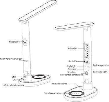 Світлодіодна настільна лампа CCHKFEI з годинником, з можливістю затемнення, бездротовий зарядний пристрій 10 Вт, USB, 3 колірні режими, сенсорний, RGB