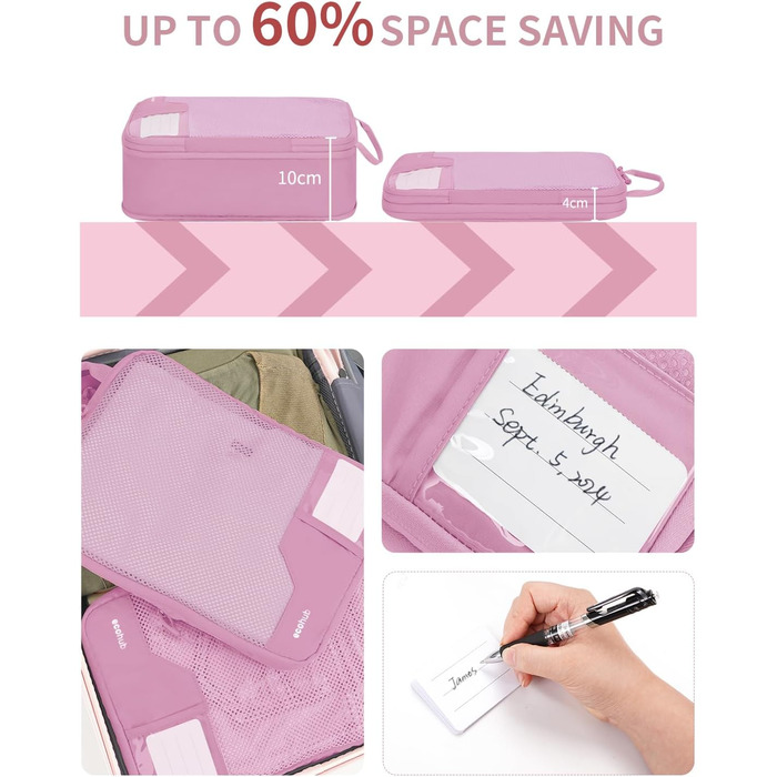 Набір органайзерів для валізи та рюкзака ECOHUB, 4 компресійні пакувальні куби з міцною сіткою та бирками, екологічні дорожні сумки для одягу (Рожевий)