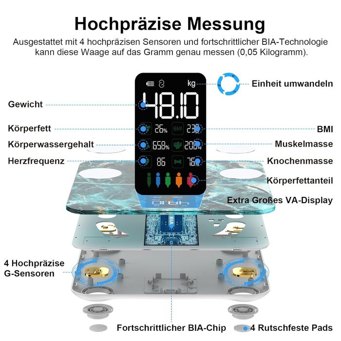 Ваги для ванної кімнати з шкалою жиру в організмі з додатком, 15 даних про тіло, переможець цифрового тесту, великий дисплей (мармурово-зелений)