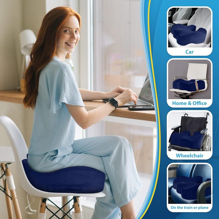 Подушка для сидіння BlissTrends з Memory Foam, 13.2 см товщиною, для офісного крісла, авто, літака, зняття болю в попереку, куприку, ішіасу, для тривалого сидіння, блакитна