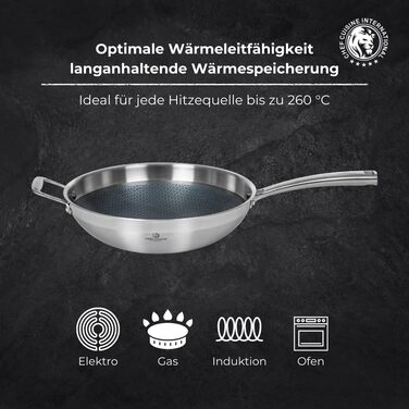 Wok Chef Cuisine 32 см з нержавіючої сталі з антипригарним покриттям Honeycomb – вок з міцною, стійкою до подряпин структурою, що нагадує стільники, та стійкістю до нагрівання до 260°C – без PFOA, з ергономічною ручкою