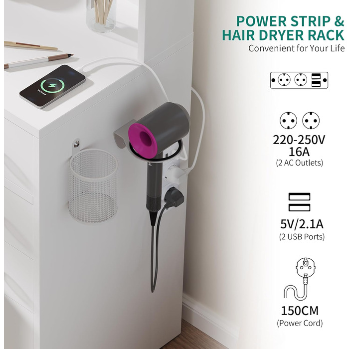 Туалетний столик YITAHOME з підсвічуванням та дзеркалом, з пуфом, 4 шухляди, відкриті полиці, чорний (білий, 9 шухляд)