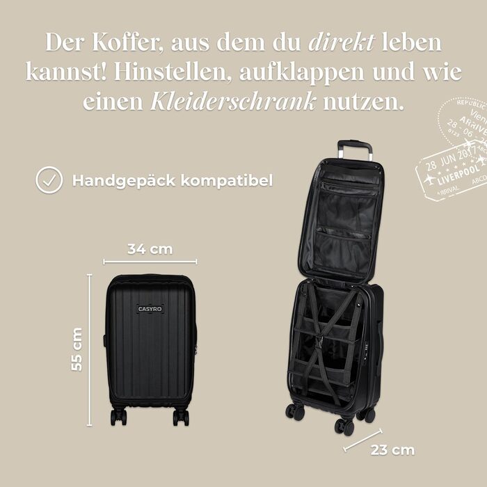Валіза CASYRO для складання, ручна поклажа візок для валізи з твердою оболонкою, дорожня валіза може використовуватися як шафа для одягу, валіза на коліщатках з 4 колесами, 45л, S, чорна
