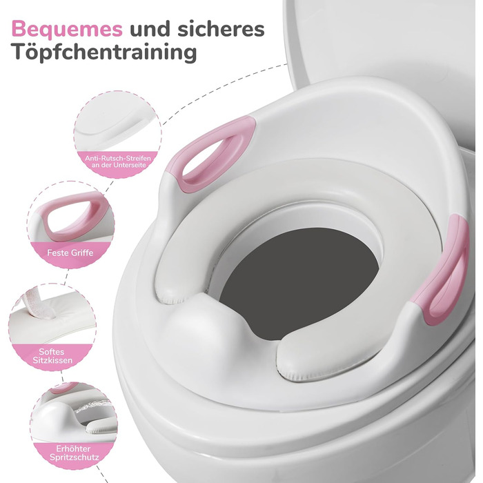 Дитяче сидіння на унітаз DEANIC з підставкою-сходинками, рожеве - для малюків від 1 до 6 років + 2 подушки та щітка