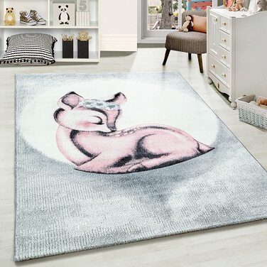 Дитячий килимок з малюнком оленя, прямокутної форми, рожево-сірого кольору, що не вимагає особливого догляду, для дитячої, ігрової, дитячої кімнат, Розмір (80 х 150 см)