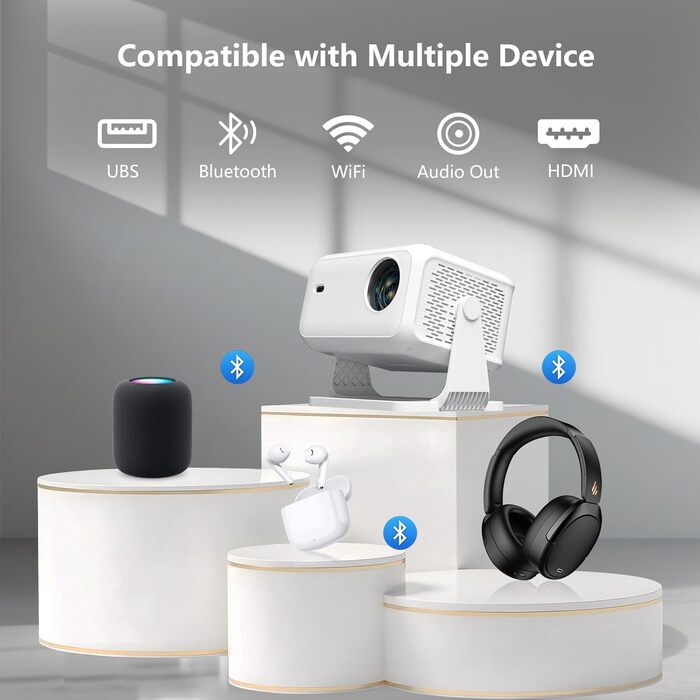 Міні-проектор Smart Beamer 4K з автофокусом та корекцією трапеції, WiFi6, Bluetooth, 600ANSI, 1080P Full HD, для дому та на вулицю, обертання 180°, сумісний з Netflix, модель L350-NF