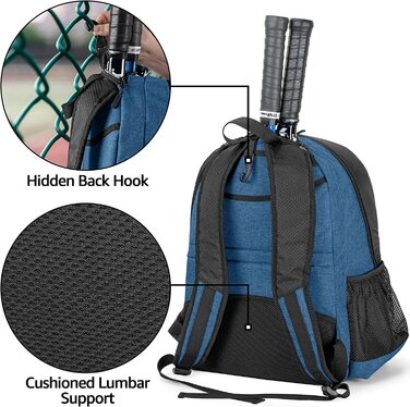 Тенісний рюкзак DSLEAF, Тенісна сумка на 2 ракетки з м'якими плечовими ременями і окреме вентильоване відділення для взуття для чоловіків і жінок синього кольору