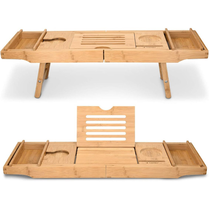 Підставка для ванни Navaris з бамбука, висувна з місцем для книг та склянок - піднос для ванни та ліжка, коричнева