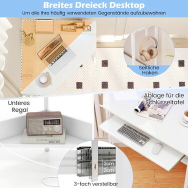 COSTWAY кутовий стіл з зарядкою, трикутний кутовий стіл з LED, підставка для клавіатури та підставка для монітора, ігровий стіл економія простору, кутовий стіл для дому, офісу (білий)