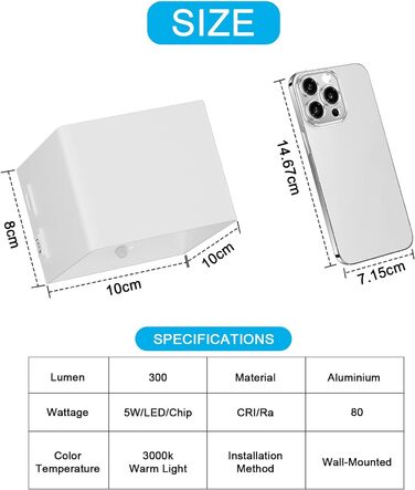 Світлодіодний настінний світильник Aipsun 5500mAh з детектором руху, 3000K, 5W, бездротовий, перемикач, 2 шт. и (білий)