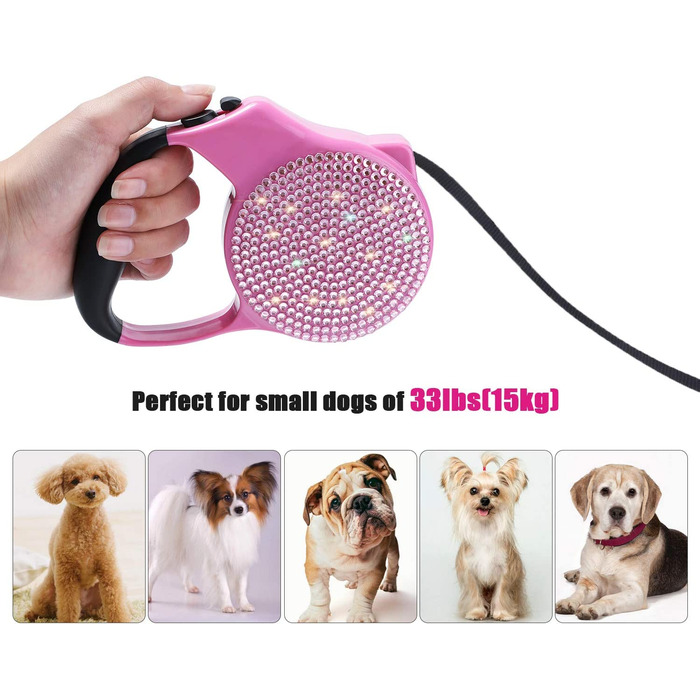 Повідець для собак Soleebee зі стразами 5 м, висувний фіксований нейлоновий Повідець з корпусом з АБС-пластика і нековзною ручкою з фіксатором для маленьких собак вагою до 15 кг (рожевий )