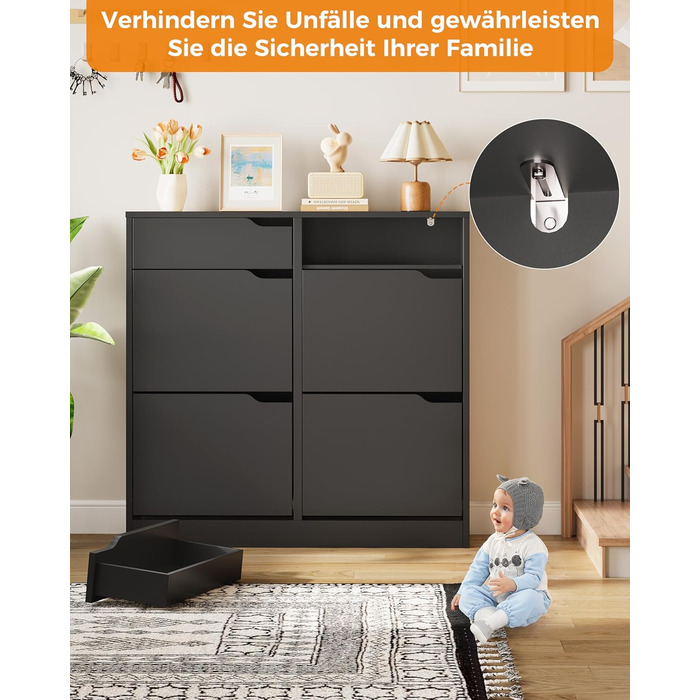 Шкаф для взуття IRONCK з 4 дверцятами, вузький, з 2 висувними ящиками, окремо стоячий, з регульованими перегородками, для передпокою, входу та вітальні (Білий) Білий (100x23.5x98см, Чорний)