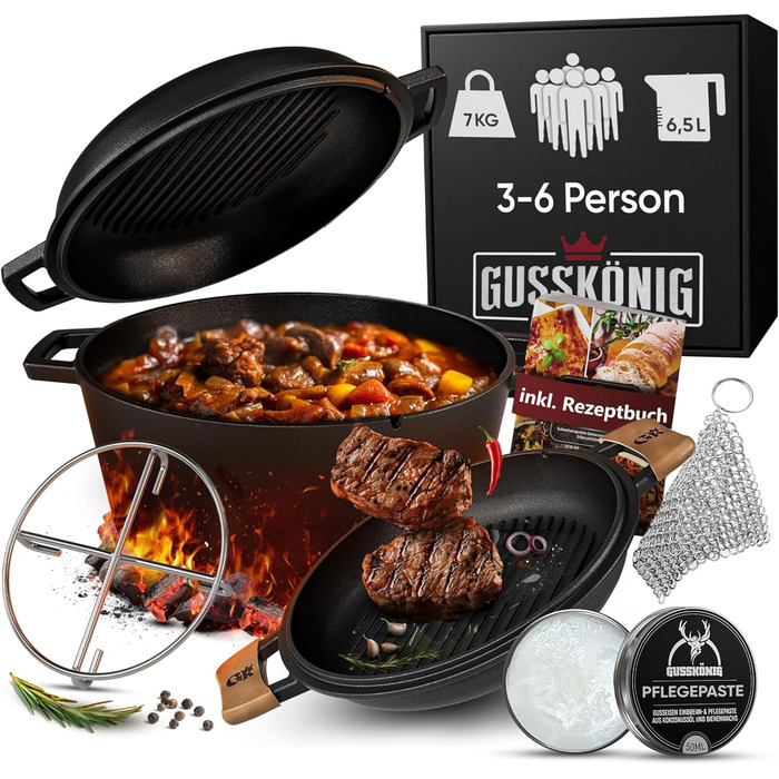 Нідерландський горщик 2в1 з чавуну 4.8L + сковорода з чавуну 1.8L - Набір нідерландського горщика з подвійною функцією - з кулінарною книгою та аксесуарами для барбекю, кемпінгу та кухні - 30 років гарантії (2в1 горщик + паста для догляду)