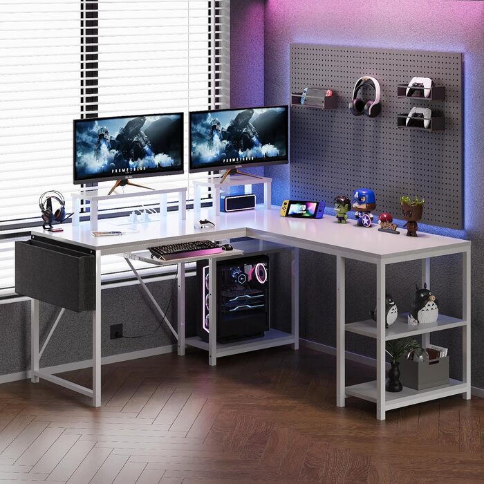 Ігровий стіл Flamaker L-подібний 140x140 см з RGB LED, підставка для монітора та ящик для зберігання | 2 розетки + 2 USB-порти (вуглецеве волокно, чорний) (білий)