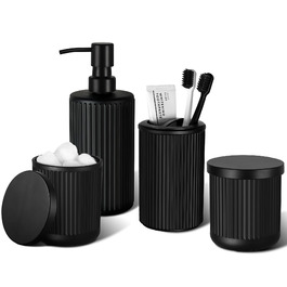 Чорний матовий набір аксесуарів для ванної кімнати на 4 частини: диспенсер для мила, тримач для зубних щіток, контейнер для ватних паличок. Сучасний комплект для ванної кімнати