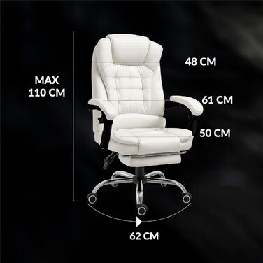 Ергономічне крісло для офісу RMF, регульоване, зручне та розслаблююче - крісло з підніжкою, обертається, регулюється по висоті, біле