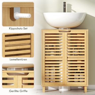 Підвісна шафка під раковину для ванної кімнати, шафка для ванної з жалюзі, бамбукова деревина, регульовані полиці, натуральний стиль