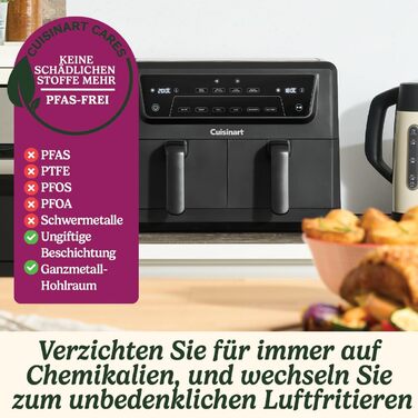 Фритюрниця Cuisinart XXL 10.4L з двома зонами, без PFAS та хімікатів. Брати, смажити, запікати, дегідратувати та підтримувати тепло. 2 камери (2 x 5.2L), 8+ порцій. Деталі придатні для миття в посудомийній машині. Чорний колір.