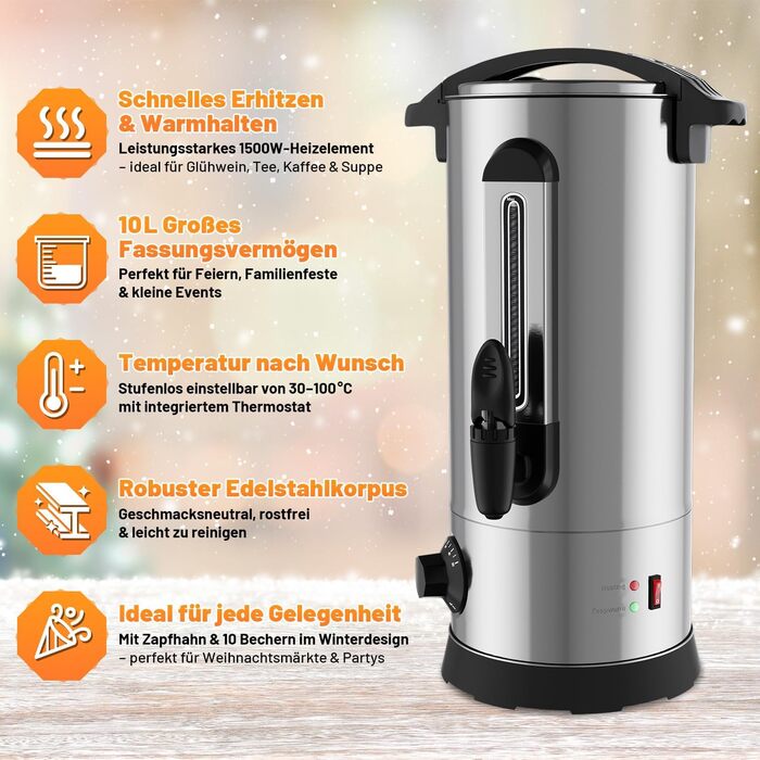 Глювайнер Cecaylie: диспенсер для гарячої води та глінтвейну з нержавіючої сталі, 10л, з термостатом та краном
