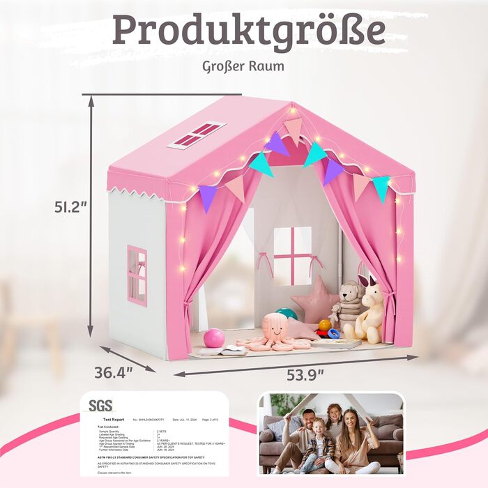 Дитяче намет-ігровий будиночок EROMMY 2-в-1 з килимком, прапорцями та світлодіодними смугами, з двома дверцятами, з даховим віконцем, для дому, 3+ роки (Рожевий)