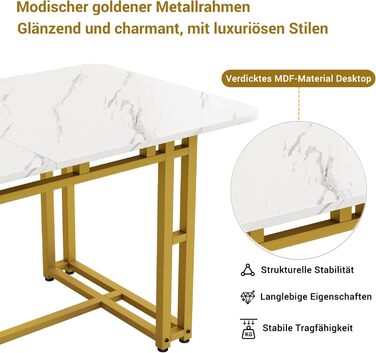 Стіл обідній Merax 140x80 см, прямокутний, з малюнком мармуру, на 4-6 осіб, металевий каркас, регульовані ніжки, для ресторану, вітальні, кухні, білий/чорний