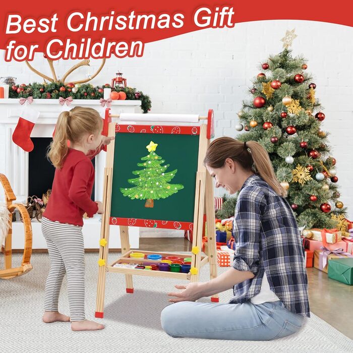 Дитяча мольберт Kinder Staffelei 3 в 1: регульована висота, подвійний бік, з рулоном паперу, 100+ аксесуарів для малювання, для дітей 3-8 років (червоний)