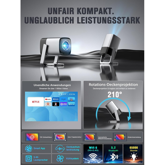 Mini проєктор 1080P з WiFi, Bluetooth, Dolby Audio та автофокусом, XuanPad, 210° обертання, фільтр пилу та система охолодження