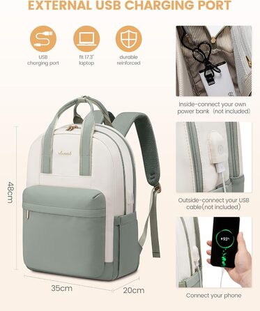 Сумка-рюкзак LOVEVOOK для жінок, з відділенням для ноутбука, водонепроникна, для подорожей, роботи, навчання, світло-зелена/бежева (17,3 дюйми)