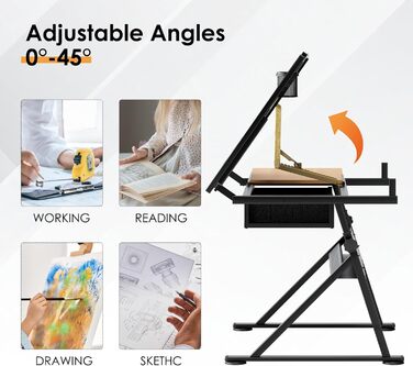 Регульований стіл для малювання та роботи, з хокером та ящиками. Ідеально для техніків, архітекторів та студентів мистецтв