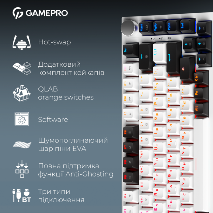 Бездротова механічна клавіатура GamePro Asgard Valhalla (MK160W Pro) 75% QLAB orange switches