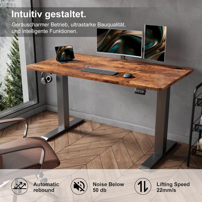 Електричний регульований стіл Devoko - стіл для стоячи/сидячи, 120 x 60 см, білий (Vintage-brown)