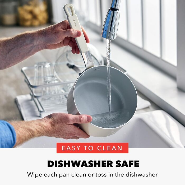 Набір сковорідок GreenPan x Bobby Flay: 20.3 см та 25.4 см, з антипригарним покриттям, без PFAS, з алмазної кераміки, для індукційних плит, з силіконовою ручкою, легко миються, сумісні з посудомийною машиною. Також входить каструля 1.67 л з кришкою, кремо