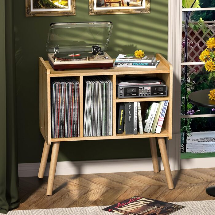 Стіл для програвача, стійка для вінілових пластинок в стилі середини століття з місцем для зберігання до 150+ альбомів, шафа для вінілових пластинок з регульованими полицями (горіх)