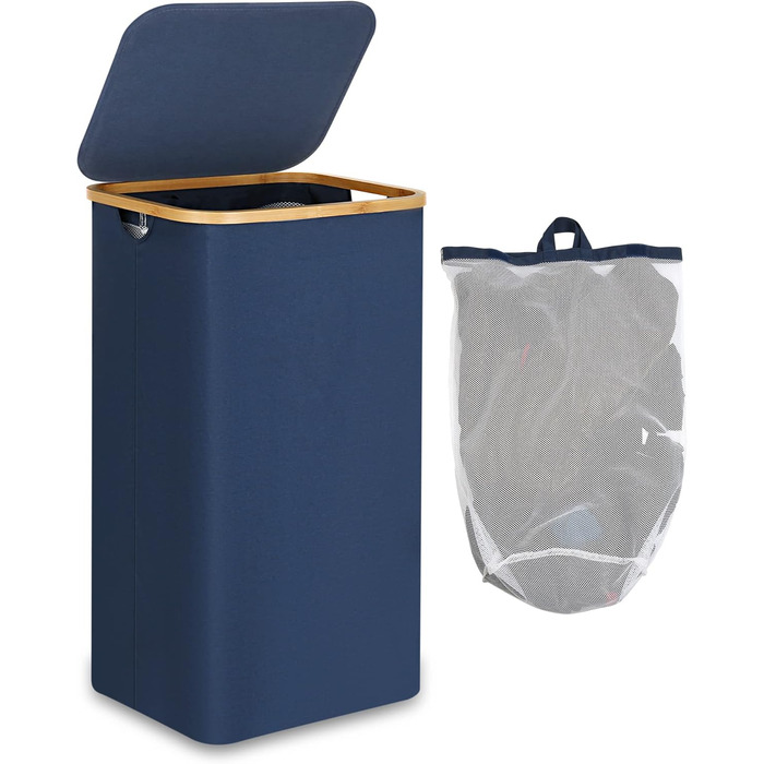 Кошик для білизни з кришкою Efluky, 100 л, блакитний, XL, з бамбуковими ручками та внутрішніми кишенями для сортування