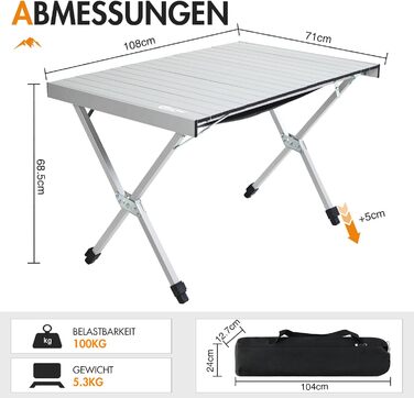 Складаний кемпінговий стіл PORTAL з регулюванням висоти, алюмінієвий, 108 x 71 см, легкий стіл для пікніка, саду та подорожей (Сріблястий)