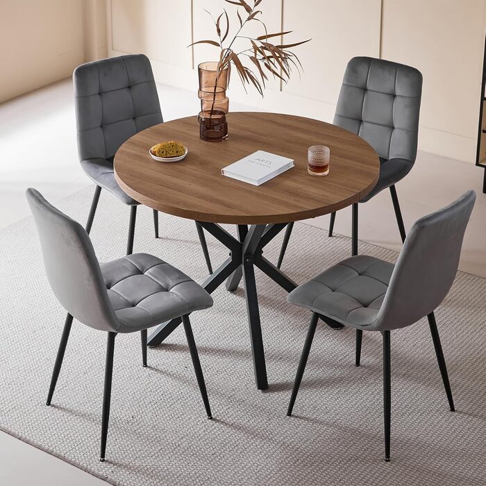 Обідній комплект на 5 осіб: круглий стіл 100 см та 4 стільці (голландський флізелін). Підходить для кухні, вітальні, балкону, ресторану, офісу. Темне дерево + сірий велюр