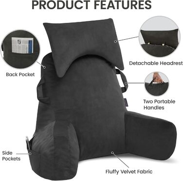 Підлогове крісло для читання з підголівником (Oeko-Tex), м'яке спинне крісло з підлокітниками та кишенями для дорослих, зручне ліжко-крісло з Memory Foam для гуртожитку (Сірий, Преміум Великий)