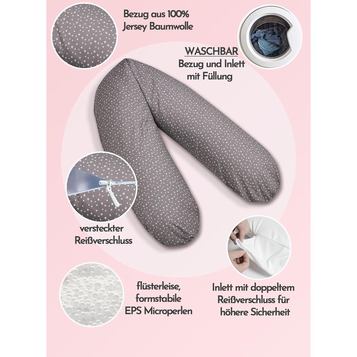 Подушка для вагітних Bear Classic 190 см, анатомічна подушка для сну та підтримки з 100% бавовняного джерсі, сіра з зірками